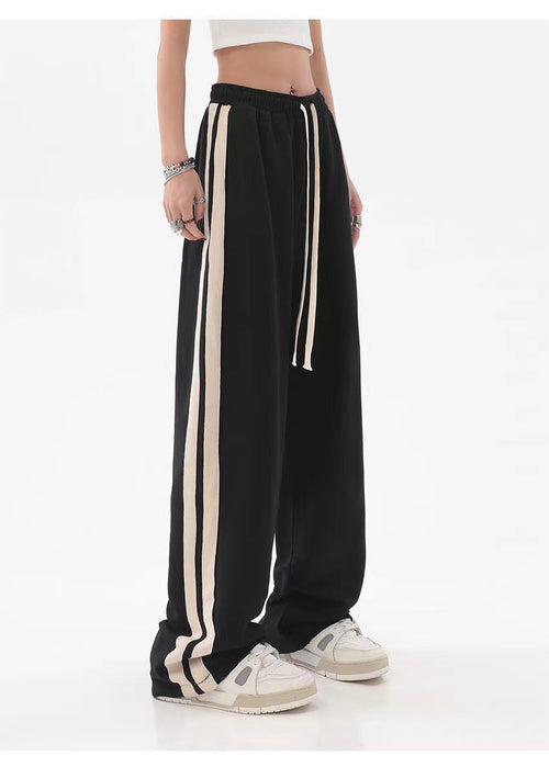 Striped High-Waist Wide-Leg Sweatpants|Color:Black