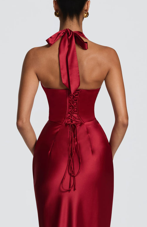 Halter Deep V-Neck Pleated Satin Maxi Dress|Color:Red