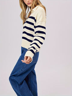 Striped V-Neck Wool Blend Sweater|Color:White
