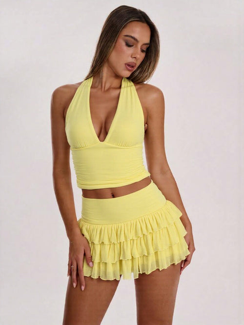 Halterneck Pleated Skirt Set|Color:Yellow