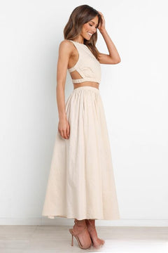 Slim-Fit Pleated Cotton Linen Midi Skirt|Color:Beige
