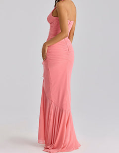 Ruched Mesh Halter Midi Dress|Color:Red