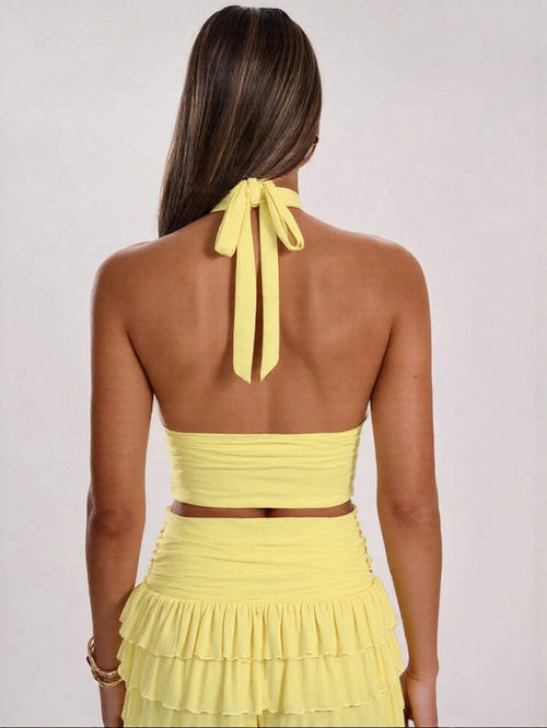 Halterneck Pleated Skirt Set|Color:Yellow