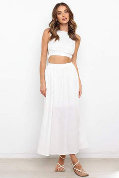 Slim-Fit Pleated Cotton Linen Midi Skirt|Color:White