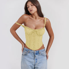 Lace Trim Strap Slim Fit Crop Top|Color:Yellow