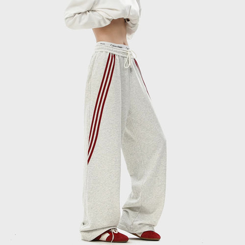 Striped Wide-Leg Casual Trousers|Color:Gray