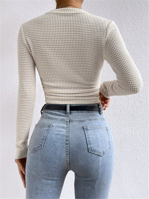 Ruched Plaid Round Neck Long Sleeve Top|Color:White