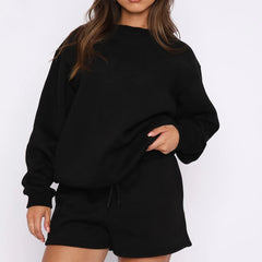 Round Neck Sweatshirt & Shorts Loungewear Set|Color:Black