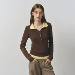 Color-Block Polo Collar Knit Sweater|Color:Brown