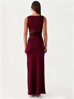 Round Neck Sleeveless Knit Maxi Dress|Color:Red