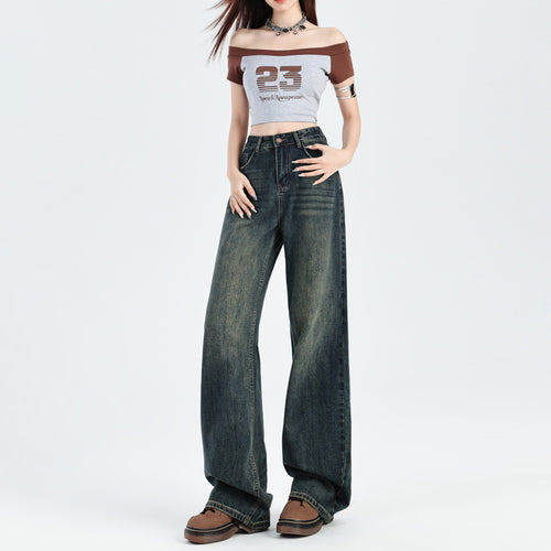 High-Waist Wide-Leg Denim Jeans|Color:Gray