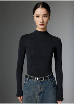 Half-Turtleneck Ribbed Wool Sweater|Color:Black