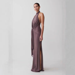 Draped Halter Knot Maxi Dress Fonley|Color:Brown