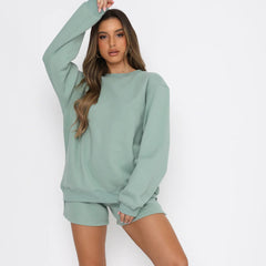 Round Neck Sweatshirt & Shorts Loungewear Set|Color:Green
