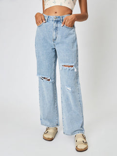 High-Waist Ripped Wide-Leg Denim Jeans|Color:Blue