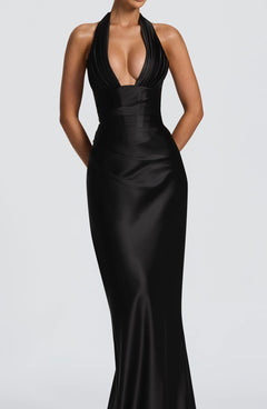 Halter Deep V-Neck Pleated Satin Maxi Dress|Color:Black