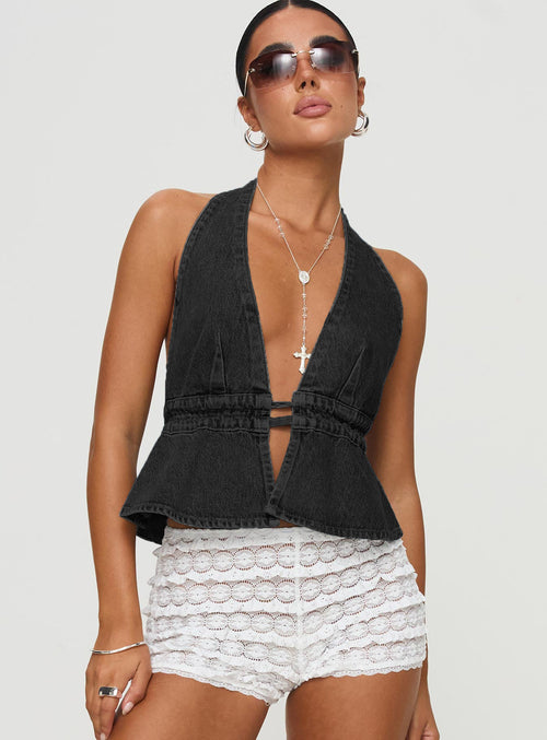 Halter Neck Lace-Up Backless Denim Top|Color:Black