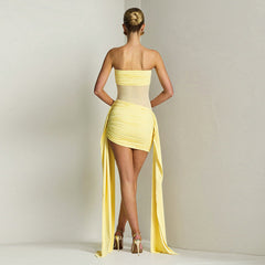 Sheer Panel Ruched Mini Dress|Color:Yellow