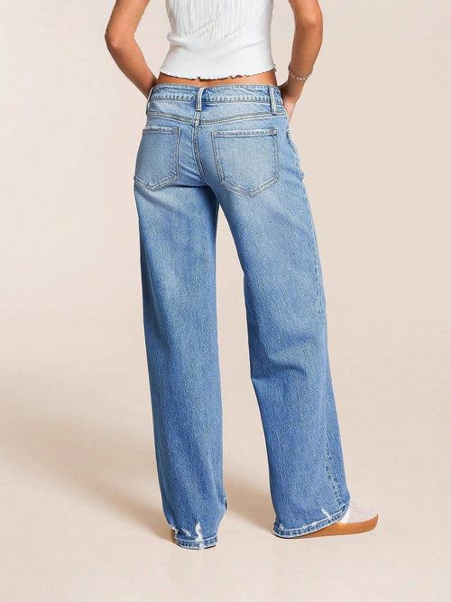 Washed Low-Rise Wide-Leg Jeans|Color:Blue