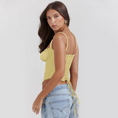 Lace Trim Strap Slim Fit Crop Top|Color:Yellow