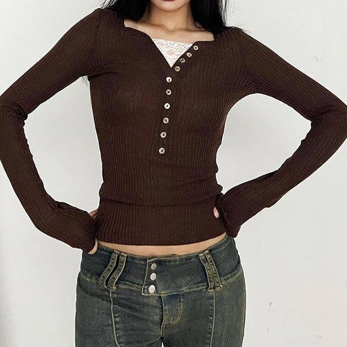 Lace Trim V-Neck Long Sleeve Knit Top|Color:Brown