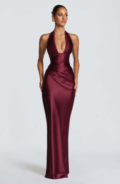 Halter Deep V-Neck Pleated Satin Maxi Dress|Color:Purple