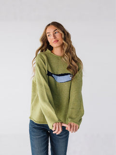Carp Print Round Neck Pullover Sweater|Color:Green