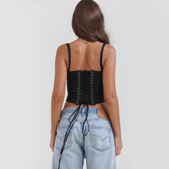 Lace Trim Strap Slim Fit Crop Top|Color:Black