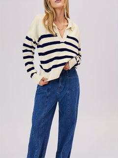 Striped V-Neck Wool Blend Sweater|Color:White