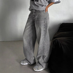 Relaxed High-Waist Straight-Leg Trousers|Color:Gray