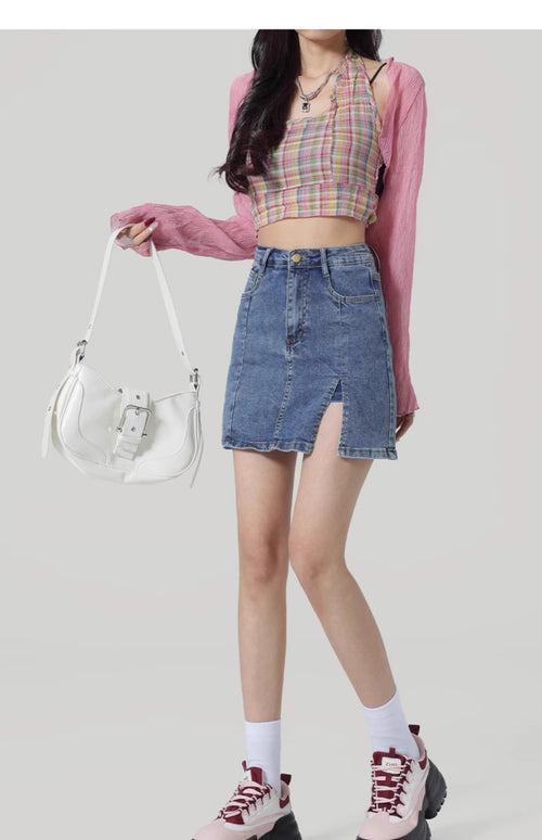 High-Waist A-Line Denim Skirt|Color:Blue