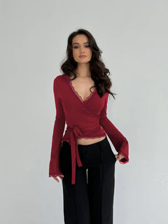 V-Neck Lace Strap Slim Fit Top|Color:Red
