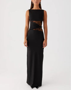 Round Neck Sleeveless Knit Maxi Dress|Color:Black