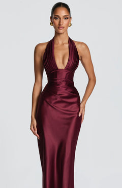 Halter Deep V-Neck Pleated Satin Maxi Dress|Color:Purple