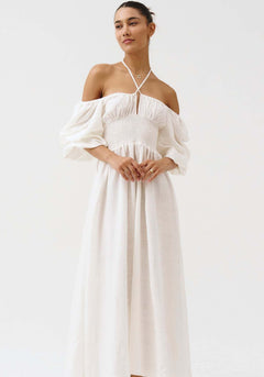 Off-The-Shoulder Smocked Linen Maxi Dress Fonley|Color:White