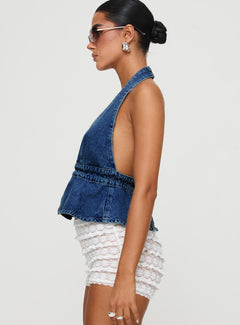 Halter Neck Lace-Up Backless Denim Top|Color:Dark Blue