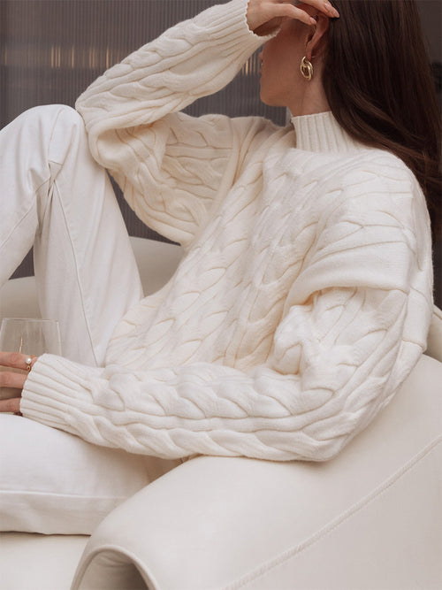 Mock Neck Textured Knit Sweater|Color:White