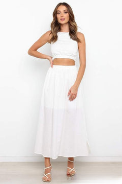 Slim-Fit Pleated Cotton Linen Midi Skirt|Color:White