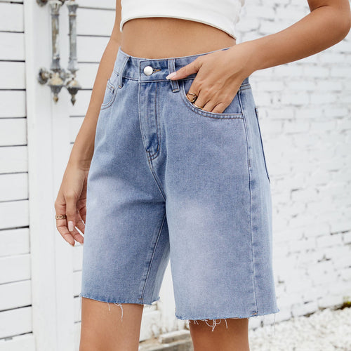 Washed Straight-Leg Frayed Hem Denim Shorts|Color:Blue