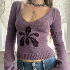 Floral V-Neck Cropped Knit Sweater|Color:Purple