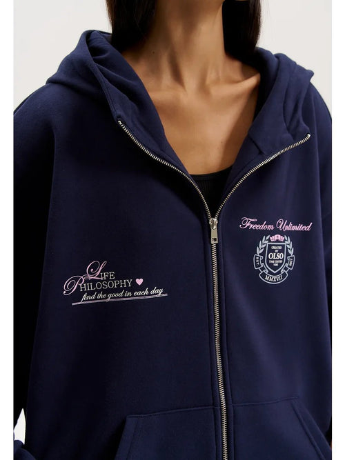 Zip-Up Hooded Cotton Sweatshirt|Color:Navy Blue