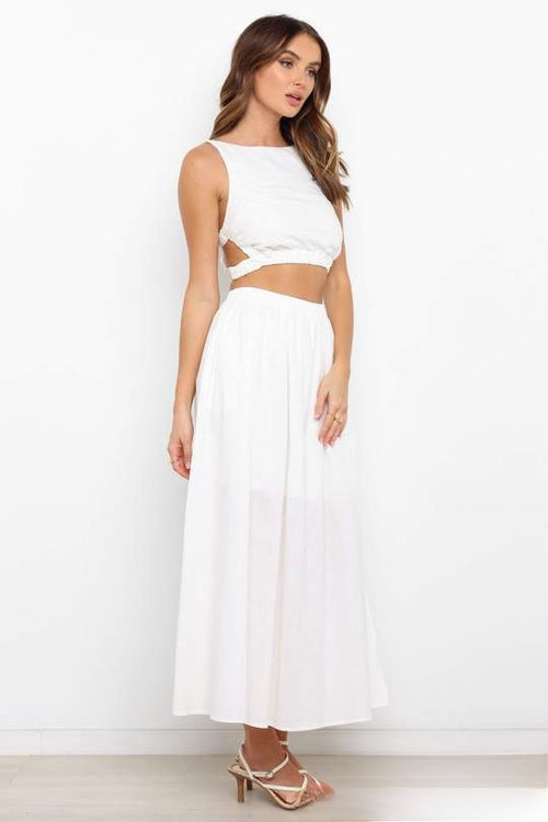 Slim-Fit Pleated Cotton Linen Midi Skirt|Color:White