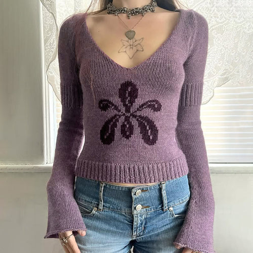 Floral V-Neck Cropped Knit Sweater|Color:Purple