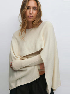Round Neck Cape Sleeve Knit Sweater|Color:Beige