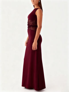 Round Neck Sleeveless Knit Maxi Dress|Color:Red