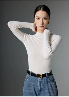 Half-Turtleneck Ribbed Wool Sweater|Color:White