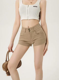 High-Waisted Double-Button Denim Shorts|Color:Beige