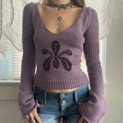 Floral V-Neck Cropped Knit Sweater|Color:Purple
