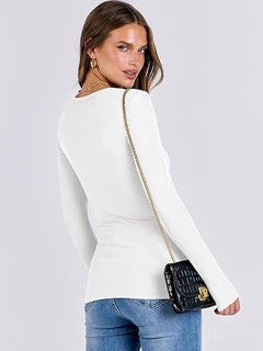 Ribbed Round Neck Long Sleeve Top|Color:White