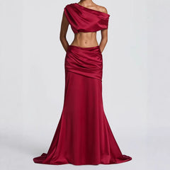 Off-Shoulder Satin Crop Top & Maxi Skirt Set|Color:Red